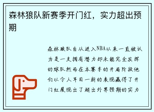 森林狼队新赛季开门红，实力超出预期