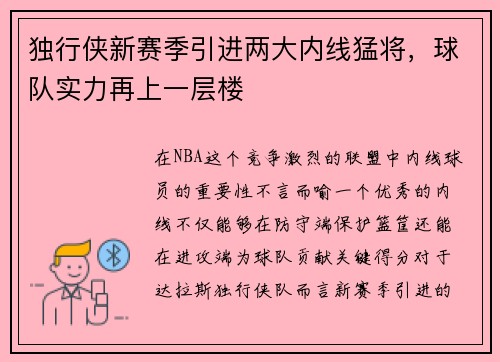 独行侠新赛季引进两大内线猛将，球队实力再上一层楼